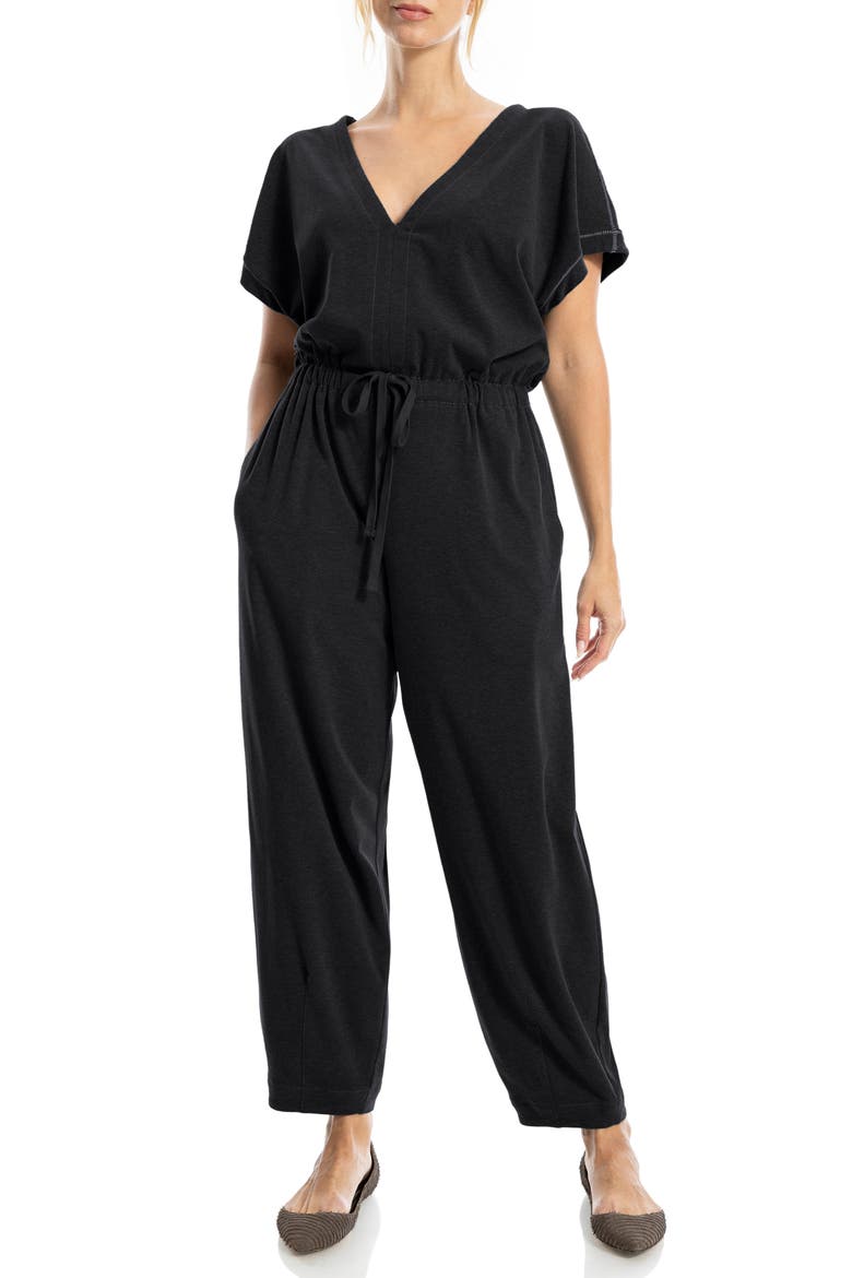 Short Sleeve Tie Waist Jumpsuit, Main, color, BLACK