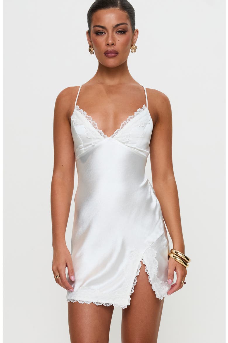 Anysa Lace Trim Satin Minidress, Alternate, color, WHITE