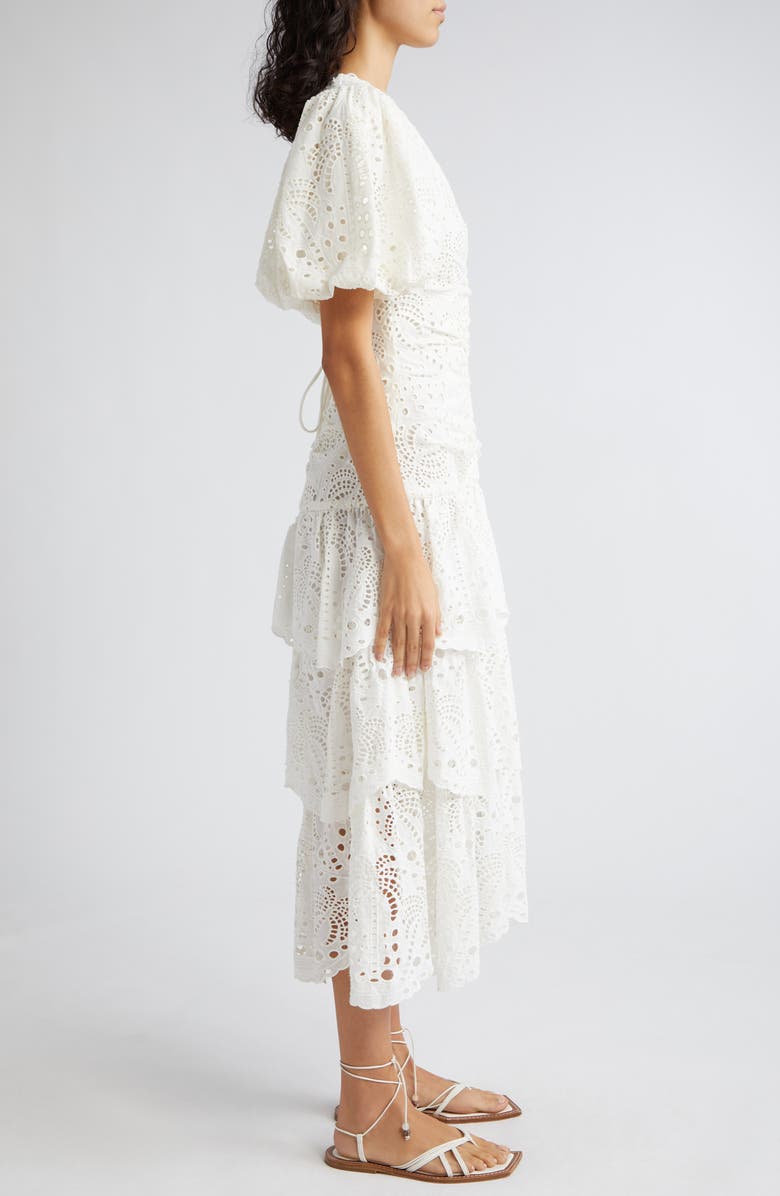 FARM Rio Eyelet Puff Sleeve Tiered Cotton Midi Dress, Alternate, color, 