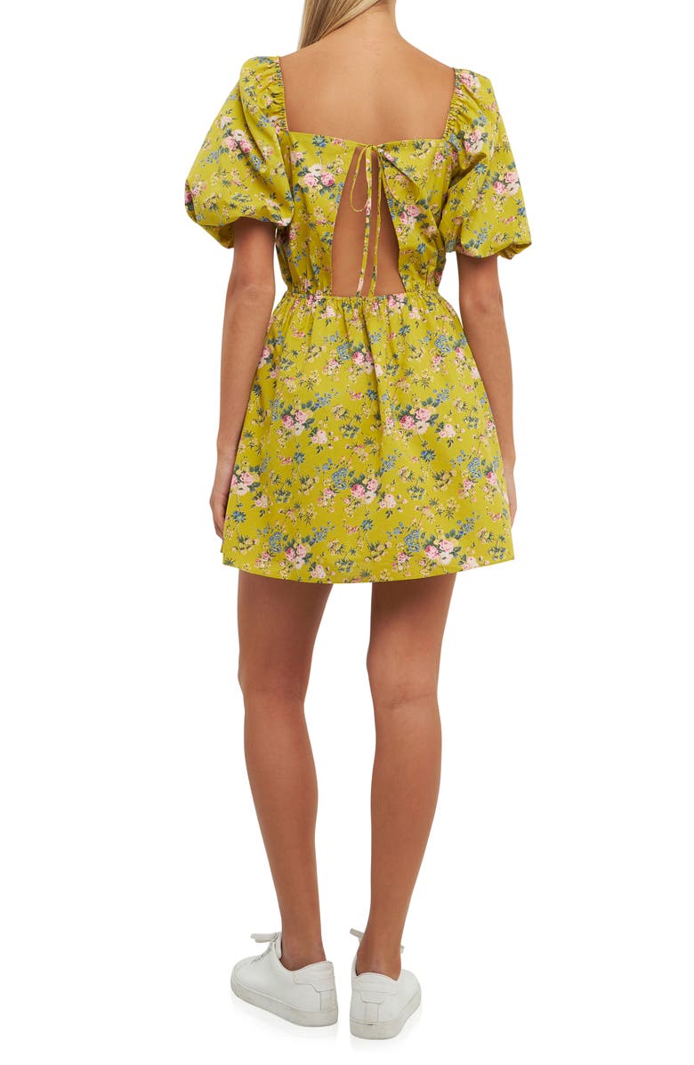 English Factory Floral Print Cutout Back Puff Sleeve Minidress, Alternate, color, Celery