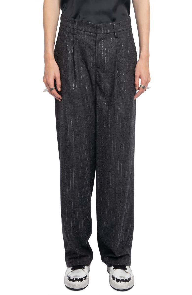 Zadig & Voltaire Puros Flanelle Metallic Pinstripe Pleated Trousers, Main, color, Anthracite