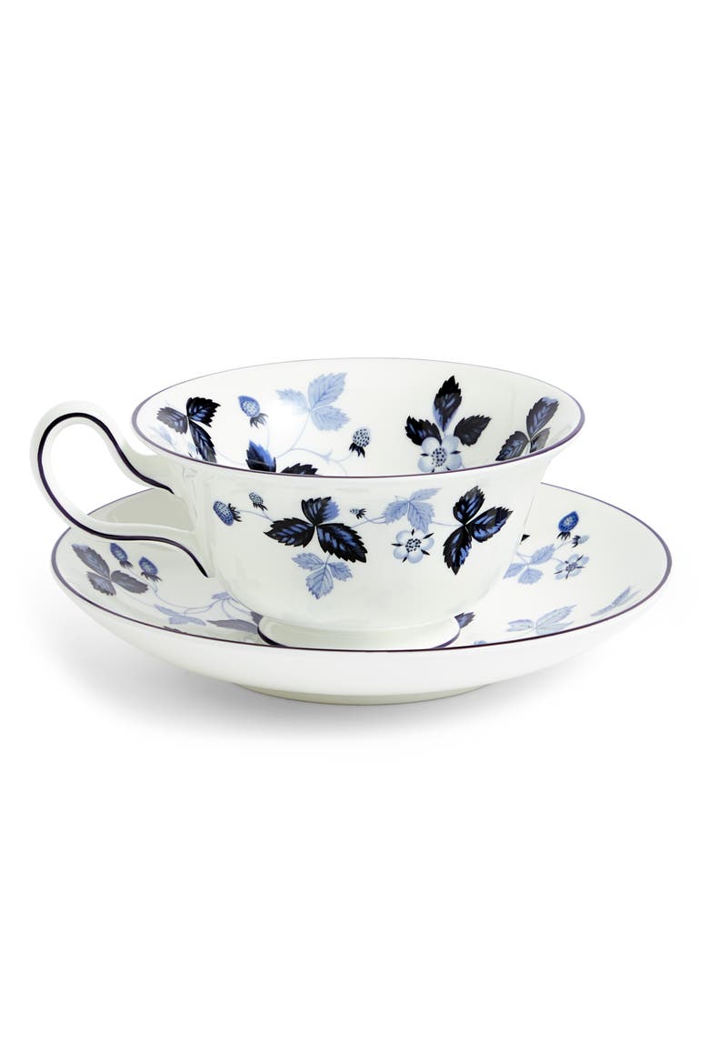 Wild Strawberry Bone China Teacup & Saucer Set, Main, color, BLUE