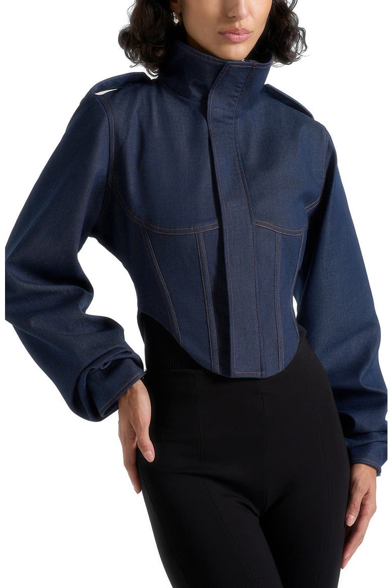 Solange Denim Tacked Sleeve Corset Jacket, Alternate, color, Polished Indigo