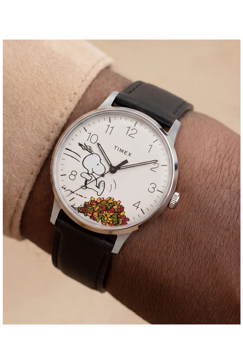 Peanuts Waterbury Classic Leather Strap Watch, 40mm, Alternate, color, BLACK