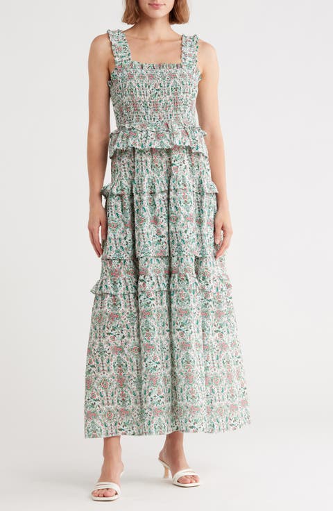Floral Smocked Ruffle Cotton Maxi Dress