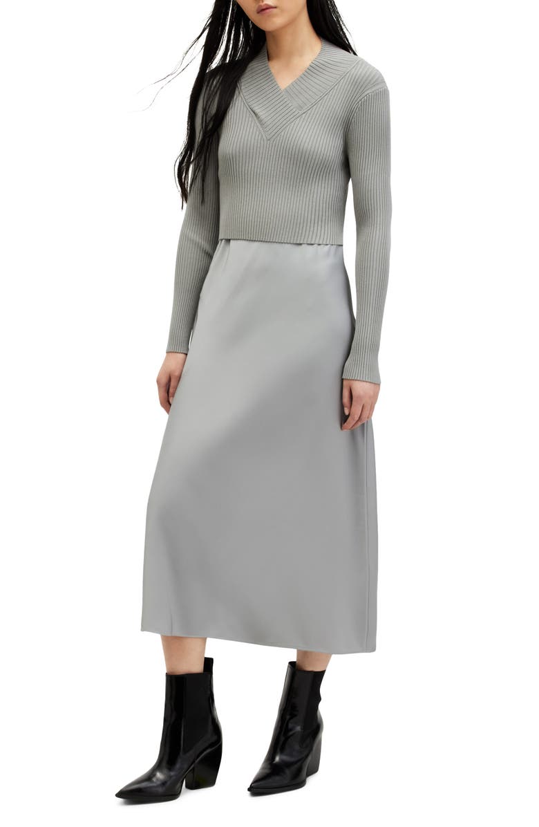 AllSaints Hana Two-Piece Crop Rib Sweater & Satin Slipdress, Main, color, Ultimate Grey