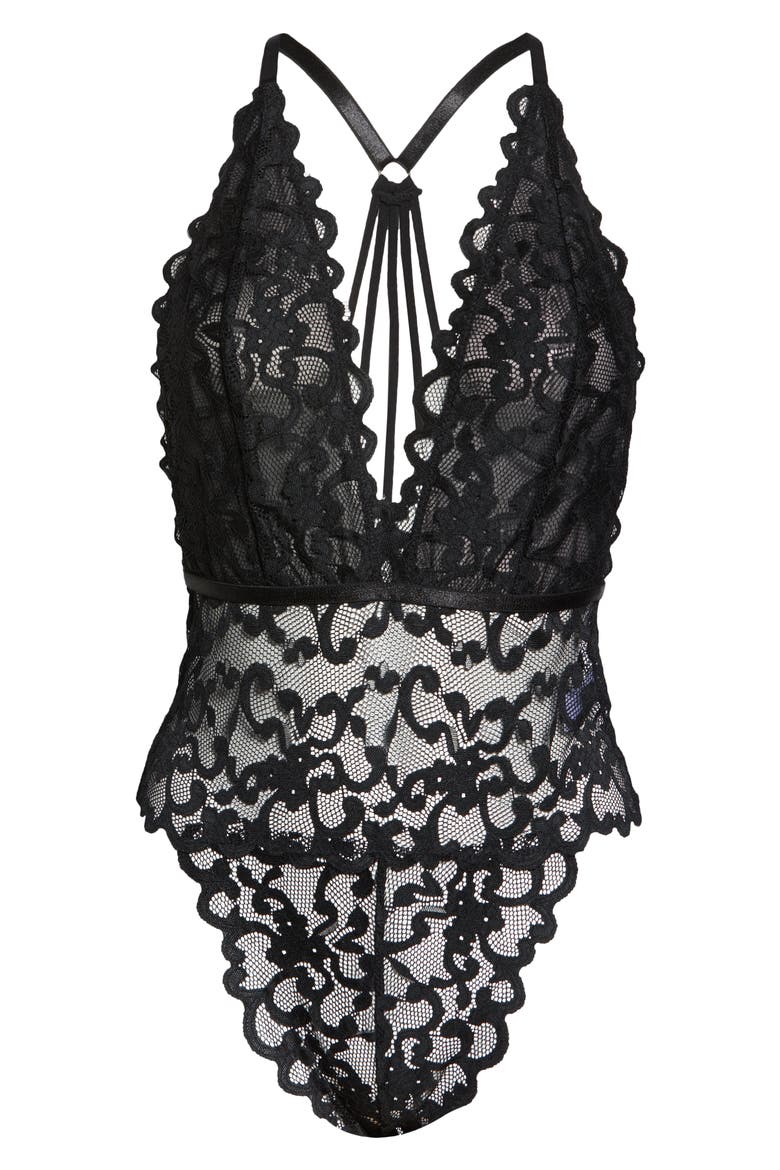 Jeana Plunge High Leg Galloon Lace Teddy, Alternate, color, BLACK