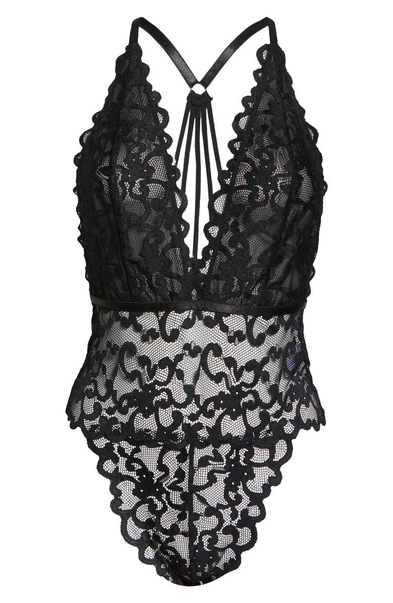 Oh La La Cheri Jeana Plunge High Leg Galloon Lace Teddy, Alternate, color, Black