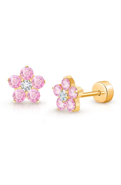 14K Gold on Titanium Cherry Blossom Stud Screw Back Earrings