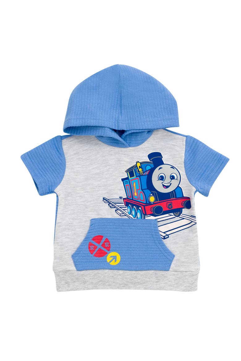 Short Sleeve Hoodie & Shorts Set, Alternate, color, Light Blue / Oatmeal Heather