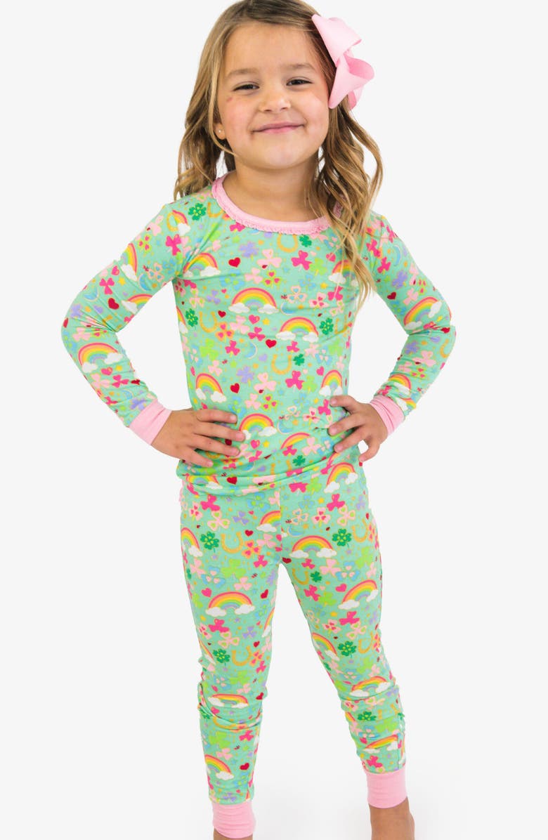 RuffleButts Kids' Lucky Day Ruffle Long Sleeve Fitted Pajamas, Alternate, color, Green