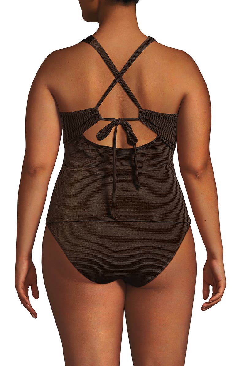 Lands' End Shine Ribbed Tankini Top and High Waisted Bottom Swimsuit Set, Alternate, color, Chocolate Brown Shine