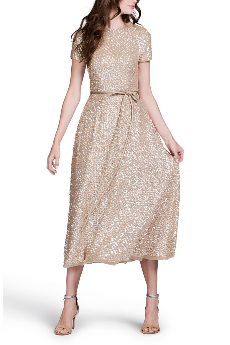 Sequin Encrusted Translucent Tie Waist Cocktail Dress, Alternate, color, SUNTAN
