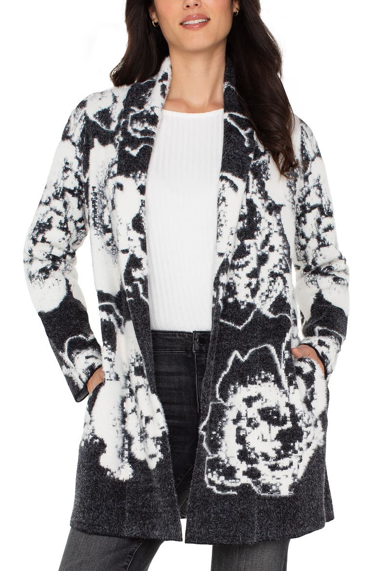 Coatigan Floral Open Front Cardigan Sweater, Alternate, color, BLACK/ WHITE FLORAL