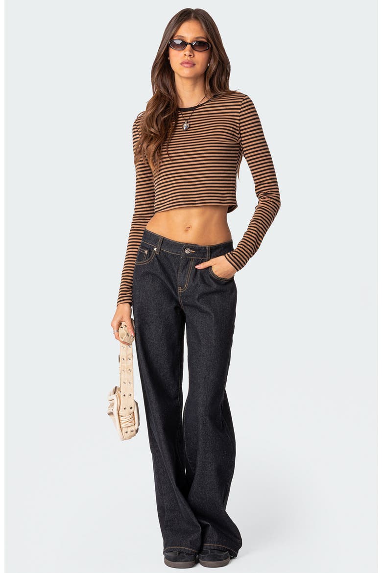 Montie Stripe Long Sleeve Stretch Cotton Crop Top, Alternate, color, BROWN