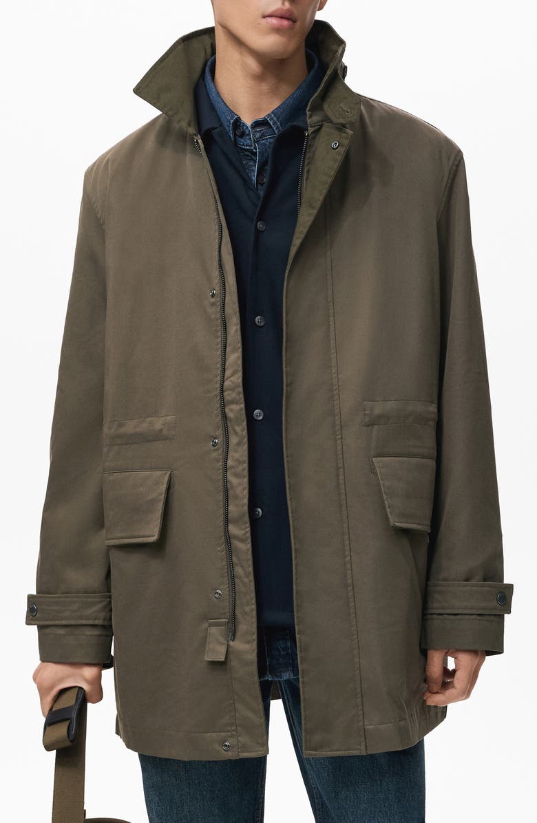 MANGO Water Repellent Barn Jacket with Removable Quilted Vest, Main, color, Olive Green