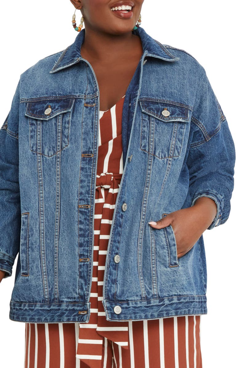 ELOQUII Boyfriend Denim Trucker Jacket, Main, color,