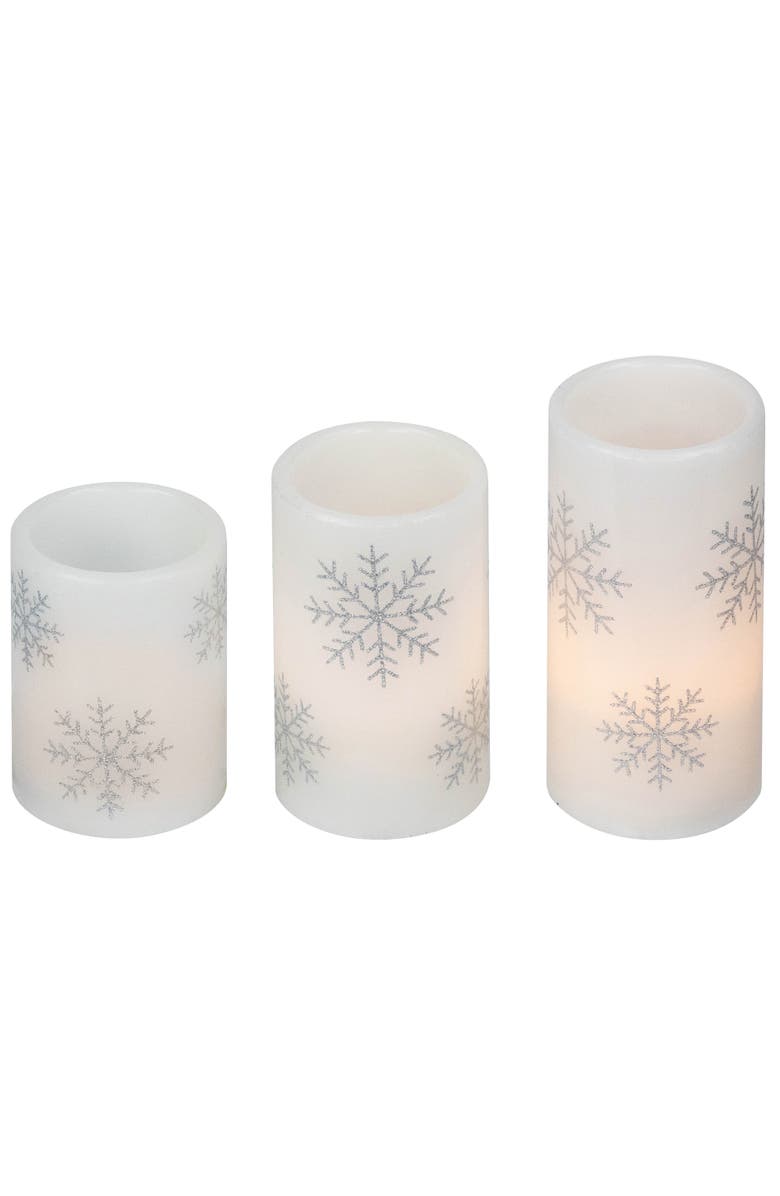 Northlight LED Flameless Flickering Wax Pillar Snowflake Christmas Candles - 6" - Set of 3, Alternate, color, White
