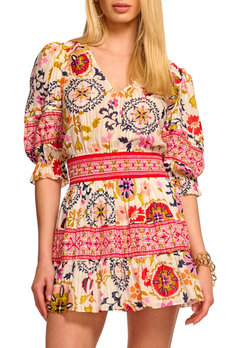 Barbara Puff Sleeve Mini Sundress, Main, color, IVORY MAYA COMBO