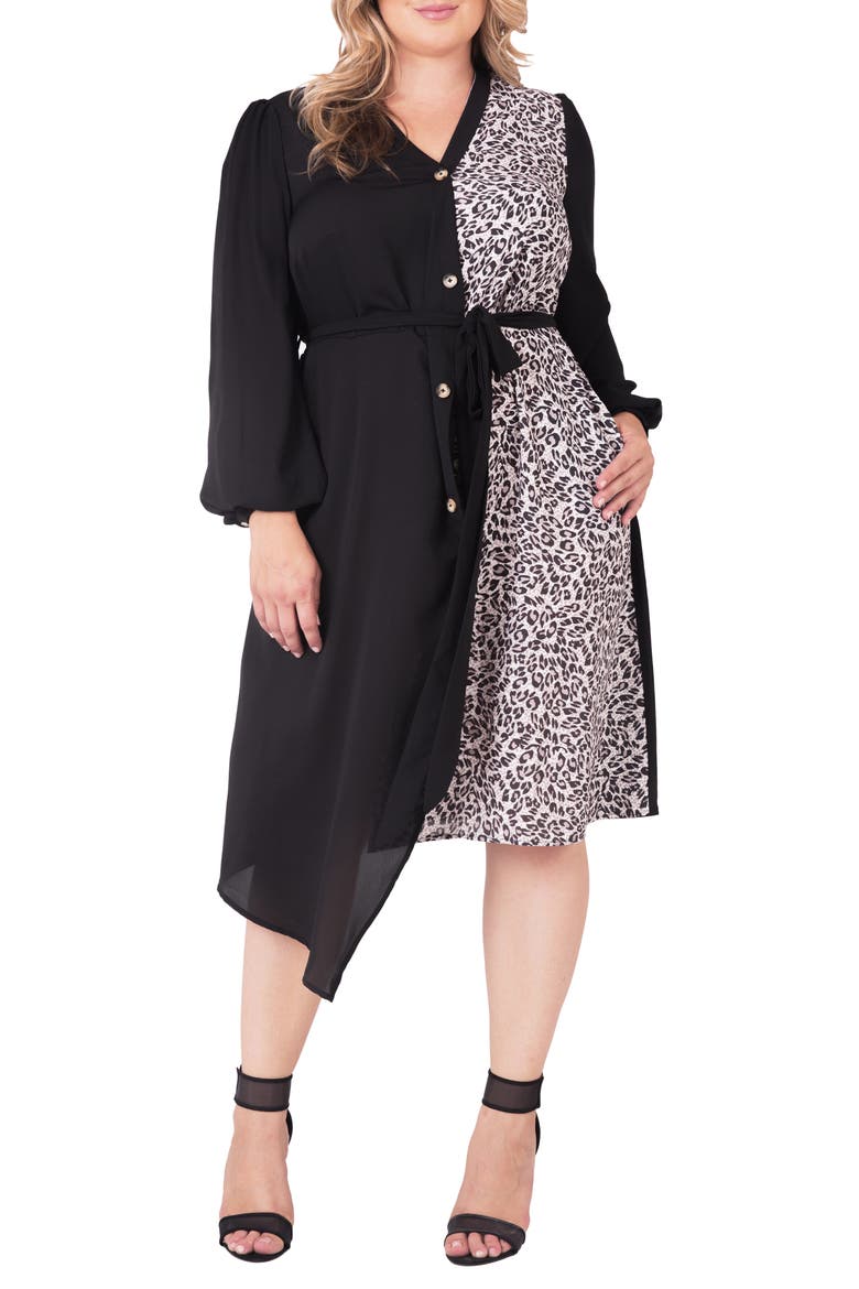 Asymmetrical Long Sleeve Shirtdress, Main, color, BLACKBROWN
