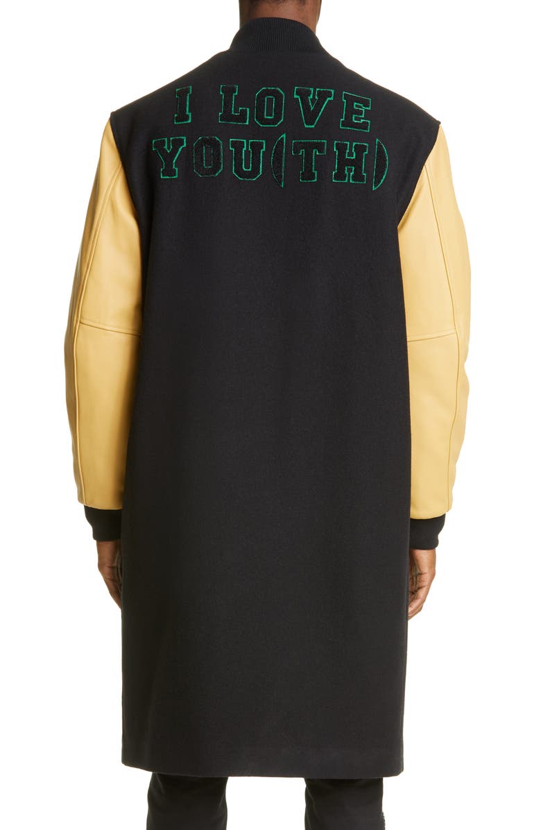 Raf Simons Leather Sleeve Long Wool Bomber Jacket, Alternate, color, 