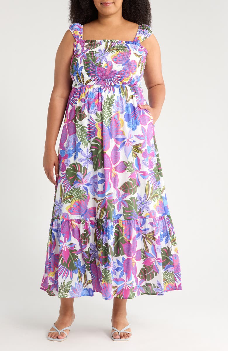 SUGARLIPS Evren Tropics Tayla Smocked Cotton Sundress, Main, color, Blue/ Pink