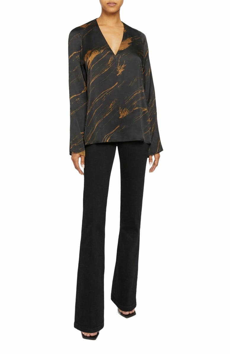 Santorelli ZURI Silk Long Sleeve V-Neck Blouse in Abstract Crepe, Alternate, color,