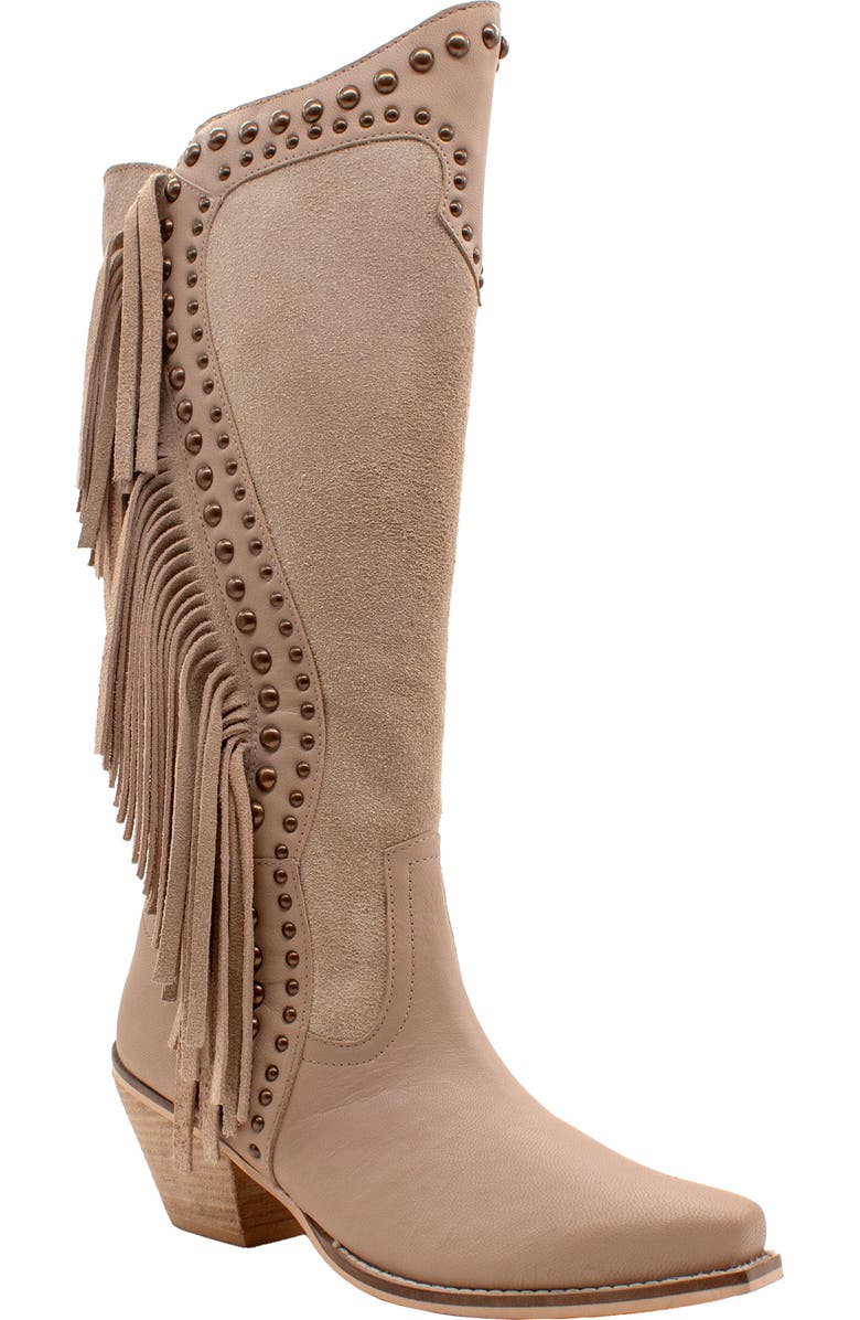 Volatile Palomino Fringe Knee High Western Boot, Main, color, Nude