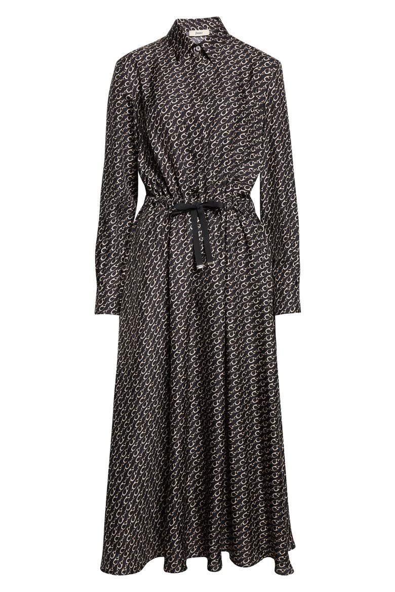 Logo Print Long Sleeve Silk Shirtdress, Alternate, color, BLACK