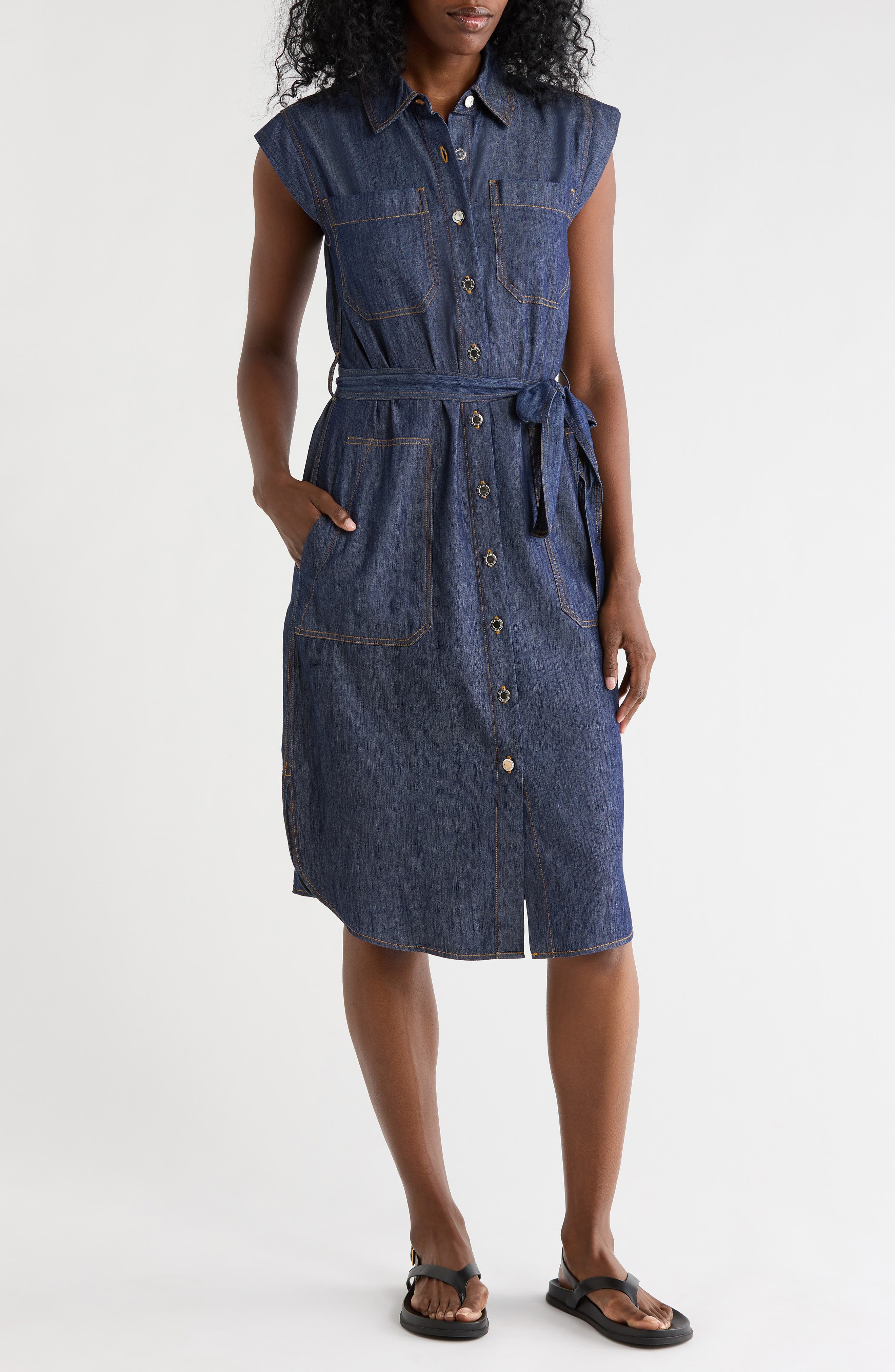 DKNY Cap Sleeve Cotton Blend Chambray Shirtdress