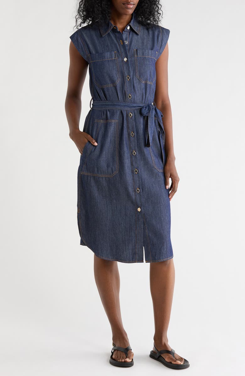 DKNY Cap Sleeve Cotton Blend Chambray Shirtdress, Main, color, Dark Benson