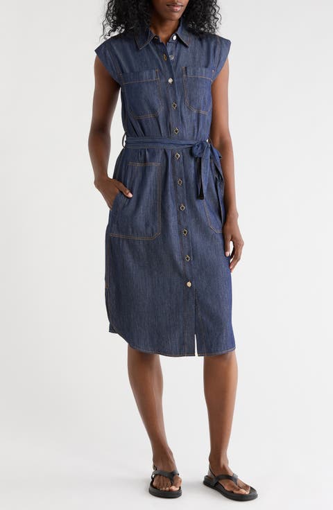 Cap Sleeve Cotton Blend Chambray Shirtdress