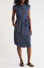 DKNY Cap Sleeve Cotton Blend Chambray Shirtdress