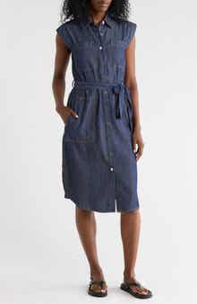 DKNY Cap Sleeve Cotton Blend Chambray Shirtdress