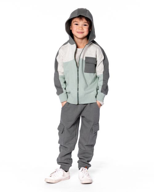 Deux Par Deux Full Zip Fleece Color Block Sweatshirt In Gray