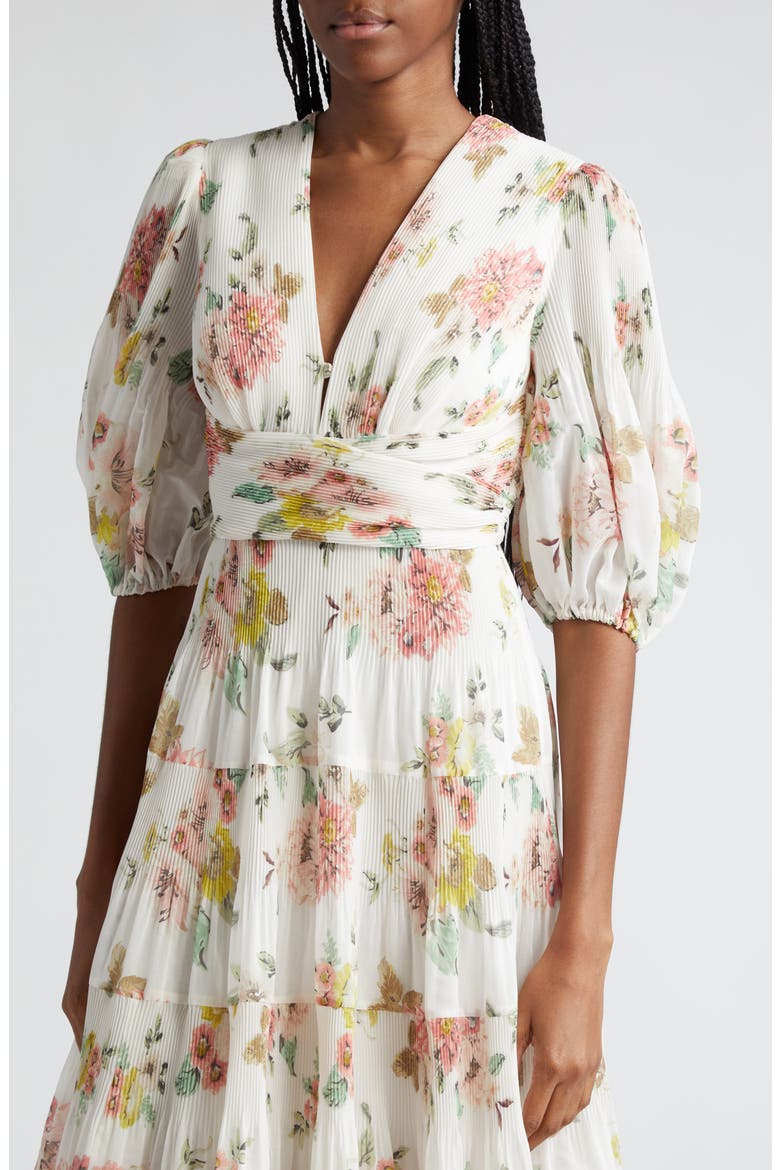 Pleated Tiered Midi Dress, Alternate, color, CORAL FLORAL