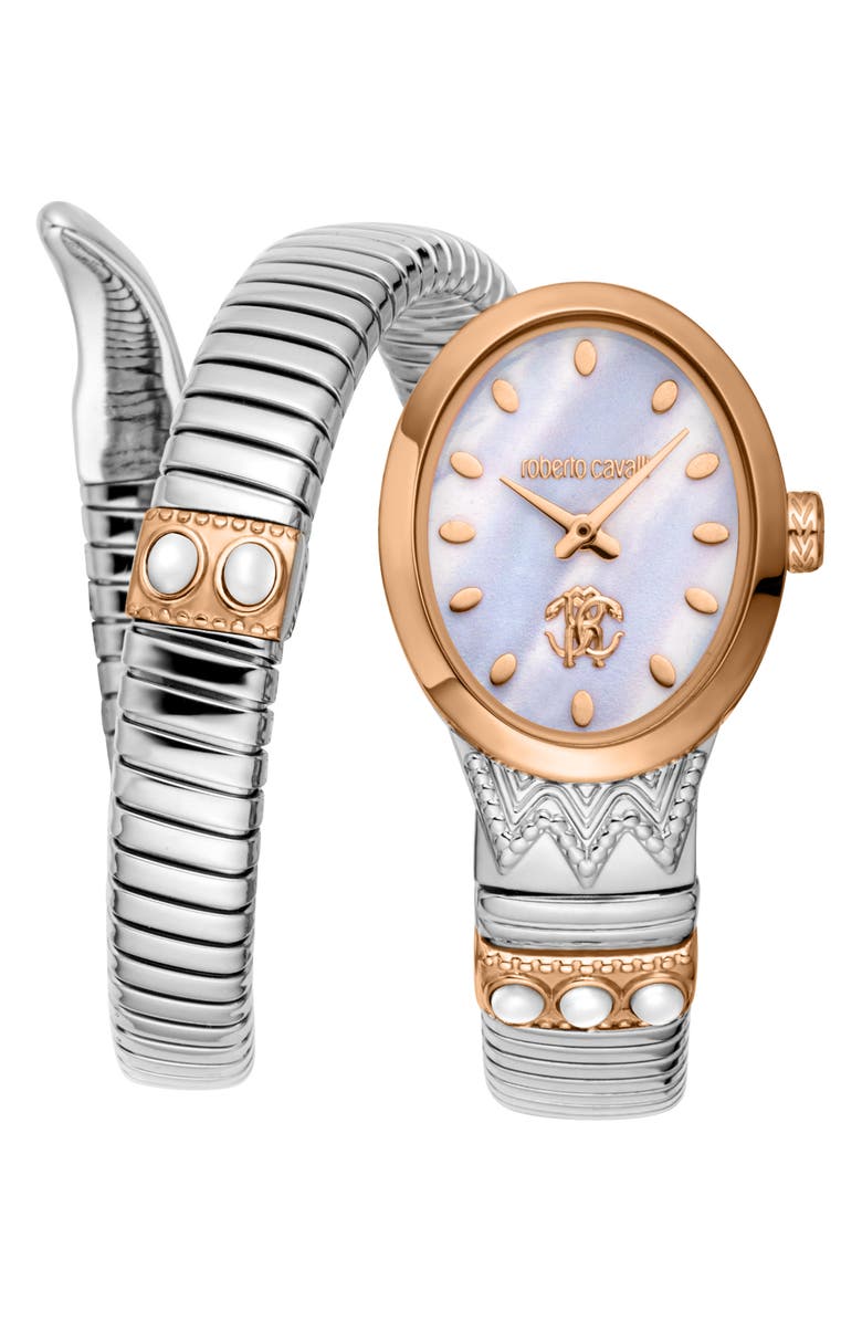 Roberto Cavalli Serpente Ornato Snake Wraparound Bracelet Watch, 22.5mm x 34mm, Main, color, Two Tone Silver / Rose Gold