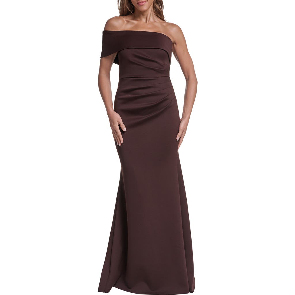 Eliza J One-shoulder Ruched Gown In Brown