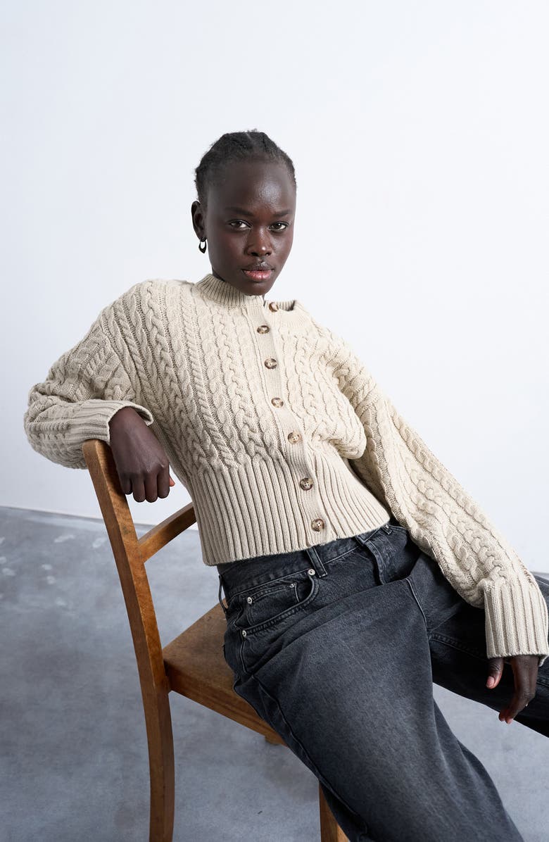 Topshop Cable Stitch Fitted Waist Cardigan, Alternate, color, Oat