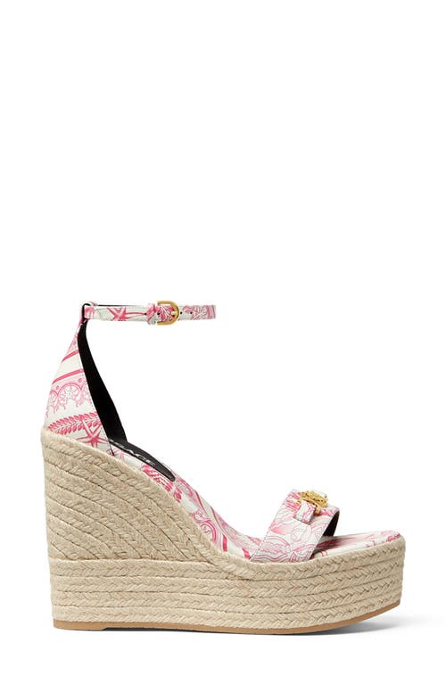 Versace Embellished Printed Leather Espadrille Wedge Sandals In Pink