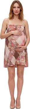 24seven Comfort Apparel Maternity Essential Patchwork Print Spaghetti Strap Smocked A-Line Pocket Mini Dress