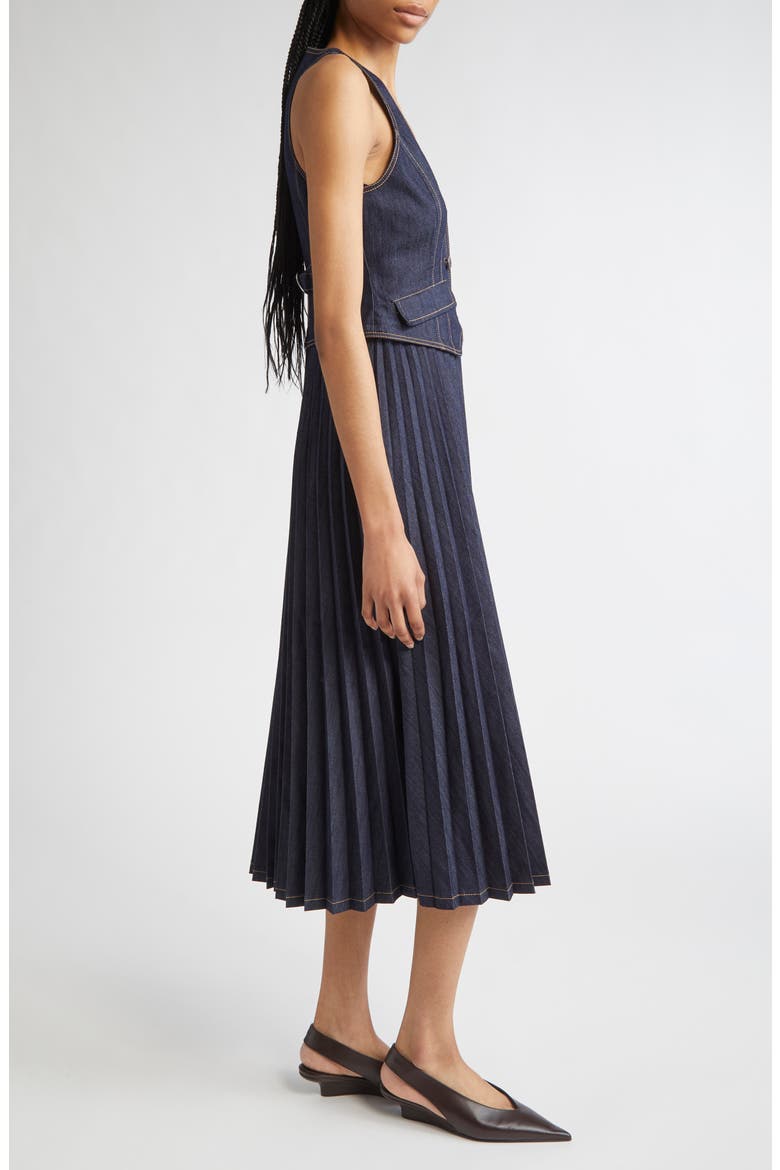 Esther Sleeveless Pleated Denim Midi Dress, Alternate, color, INDIGO