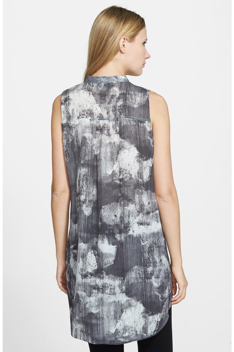Long Print Silk Mandarin Collar Shirt, Alternate, color, CHARCOAL