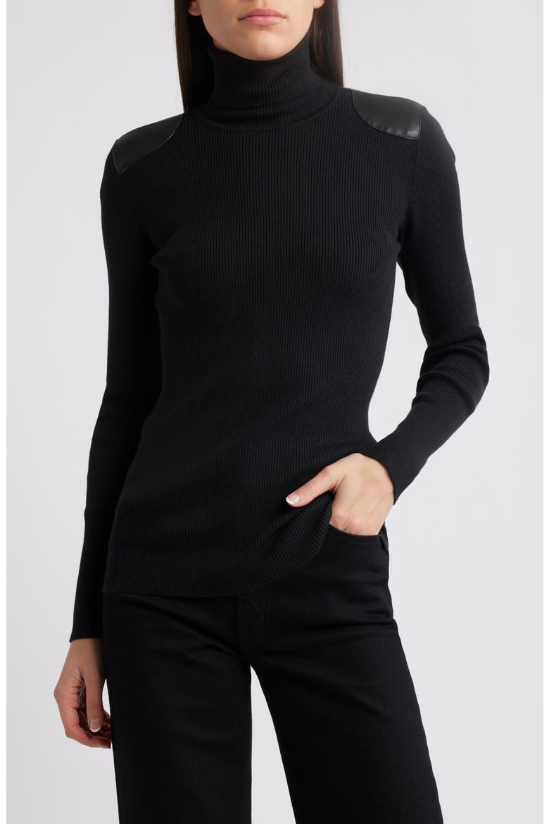 Embellished Rib Cotton Blend Turtleneck Top, Main, color, BLACK