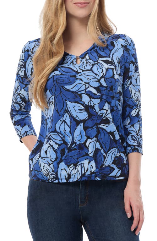 Jones New York Floral Print Three-Quarter Sleeve Crepe Top in Blue Horizon Multi 