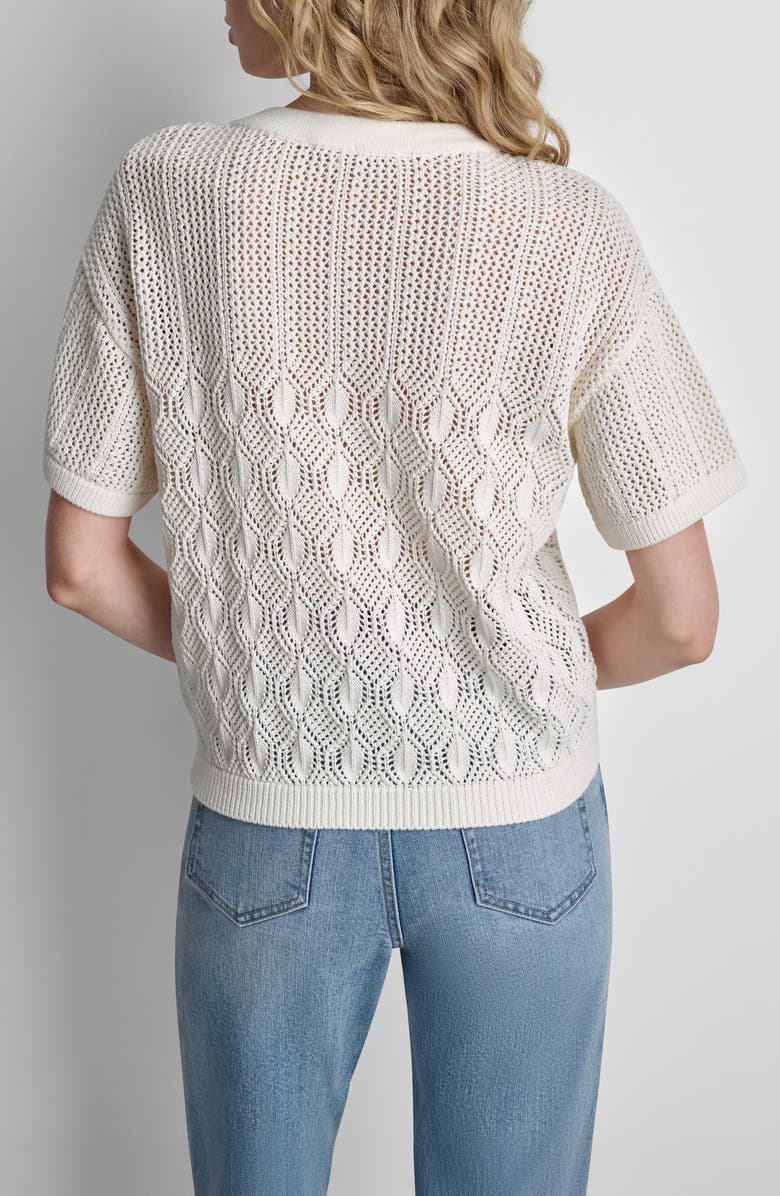 DKNY Lace-Up Placket Short Sleeve Semisheer Cotton Blend Pointelle Sweater, Alternate, color, Coconut