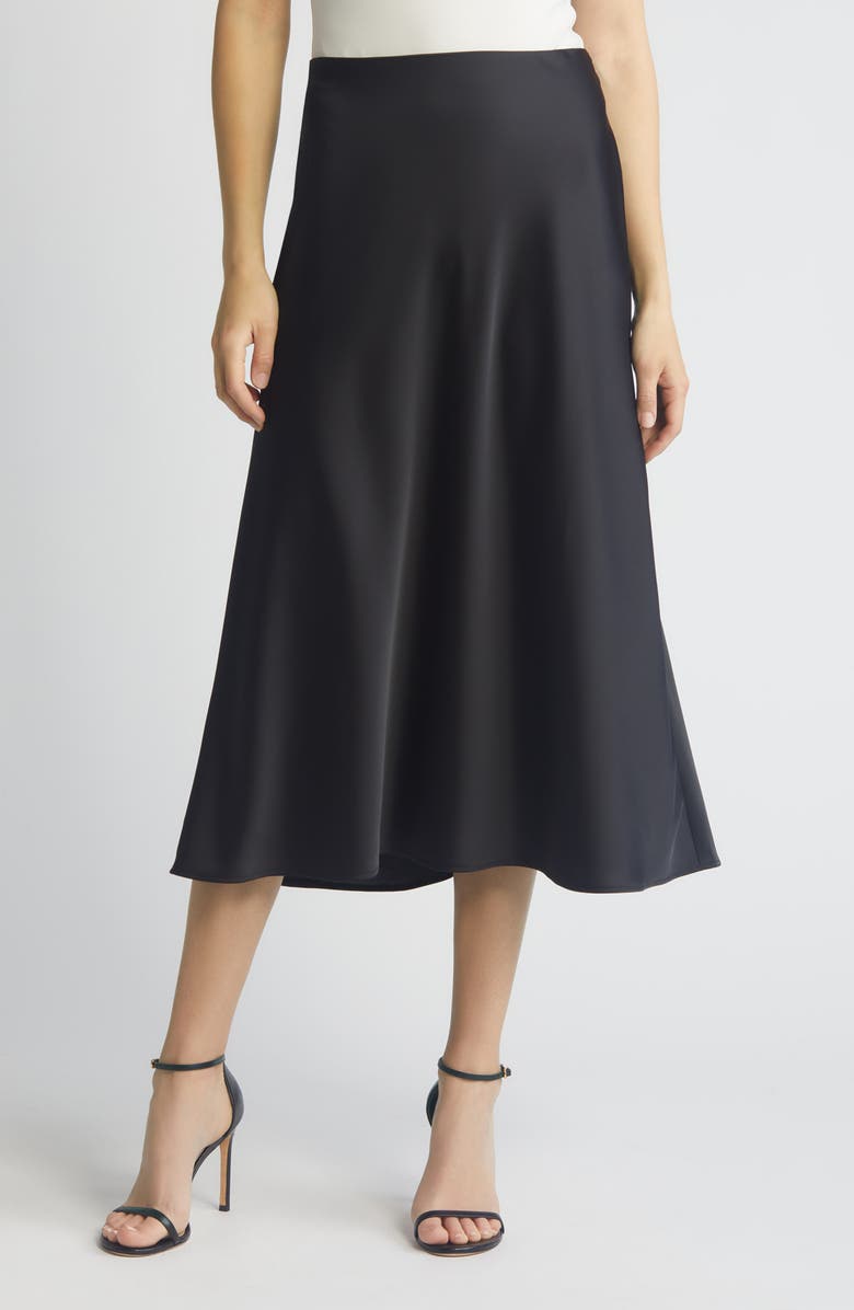 Anne Klein Flared Bias Cut Stretch Satin Skirt, Main, color,
