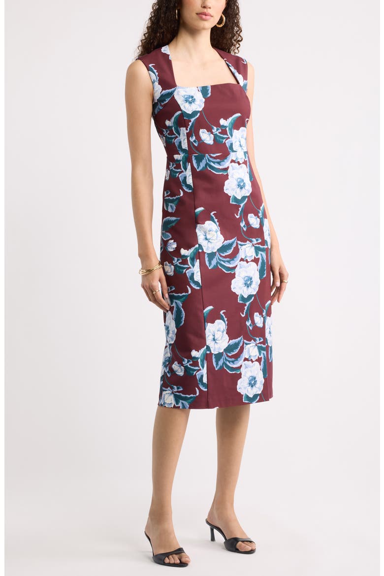 Square Neck Midi Dress, Main, color, BURGUNDY- BLUE BLAIRE FLORAL