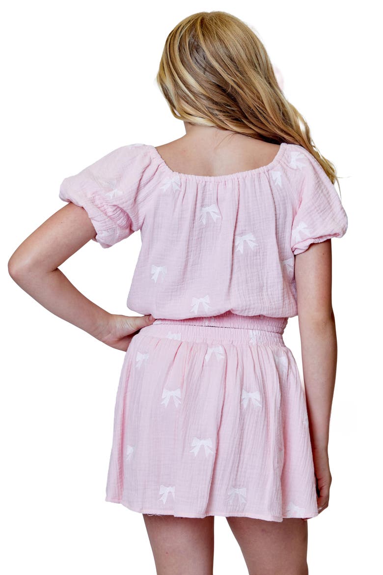 Kids' Bow Embroidered Gauze Bubble Sleeve Top & Skirt Set, Alternate, color, PINK