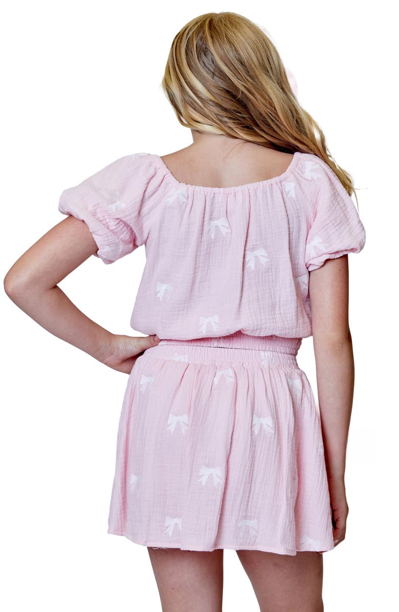 Design History Kids' Bow Embroidered Gauze Bubble Sleeve Top & Skirt Set, Alternate, color, Pink